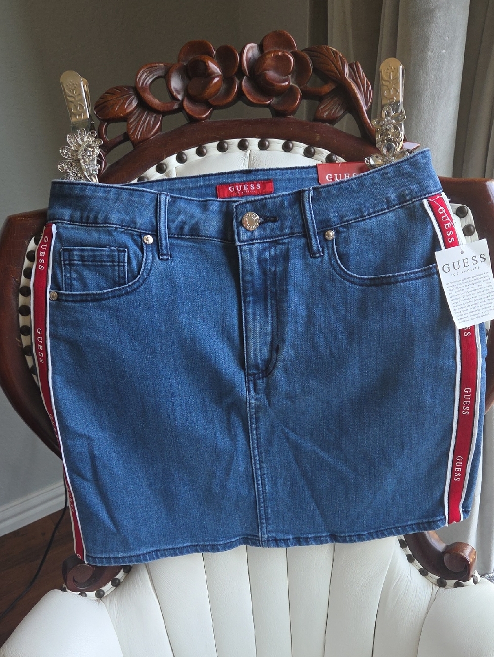 GUESS Blue Denim Mini Skirt with Red Side Stripes